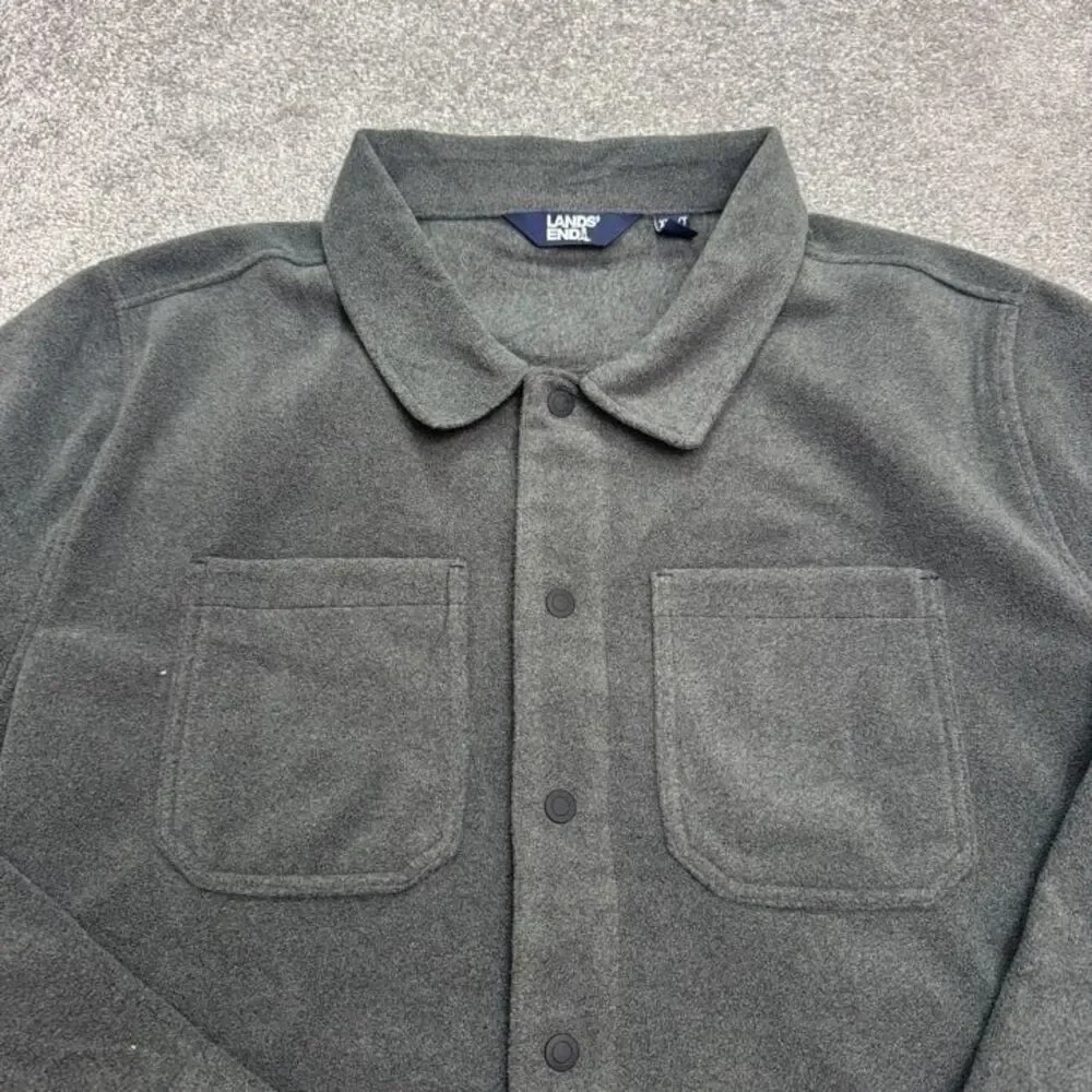 Lands' End Button Down Fleece Shirt Shacket Mens XXL Tall Gray Pockets Outdoor